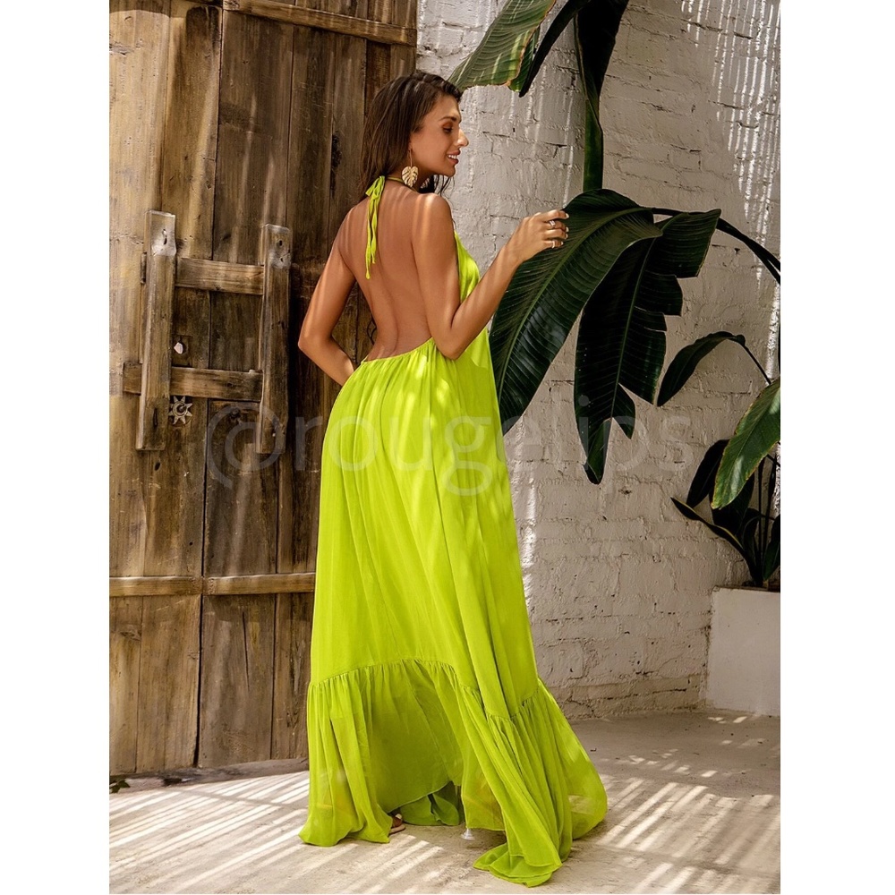 Lime Green Flowy Halter Cutout Maxi Flared Dress Backless Open Back - Picture 5 of 10